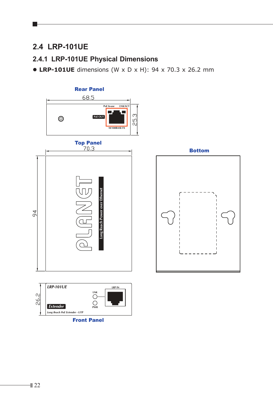 4 lrp-101ue, 1 lrp-101ue physical dimensions | PLANET LRP-101C-KIT User Manual | Page 22 / 36