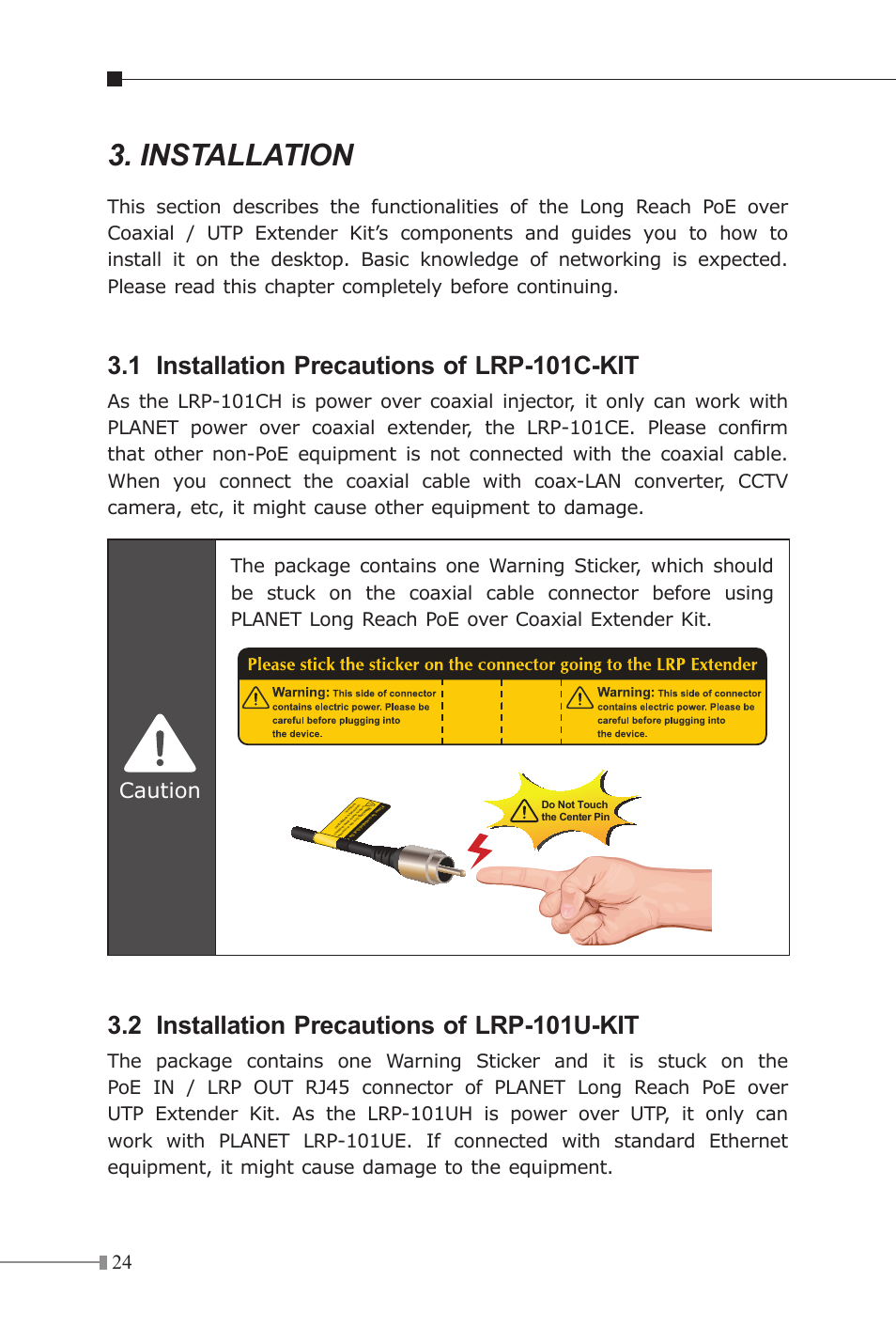 Installation, 1 installation precautions of lrp-101c-kit, 2 installation precautions of lrp-101u-kit | Caution | PLANET LRP-101C-KIT User Manual | Page 24 / 36