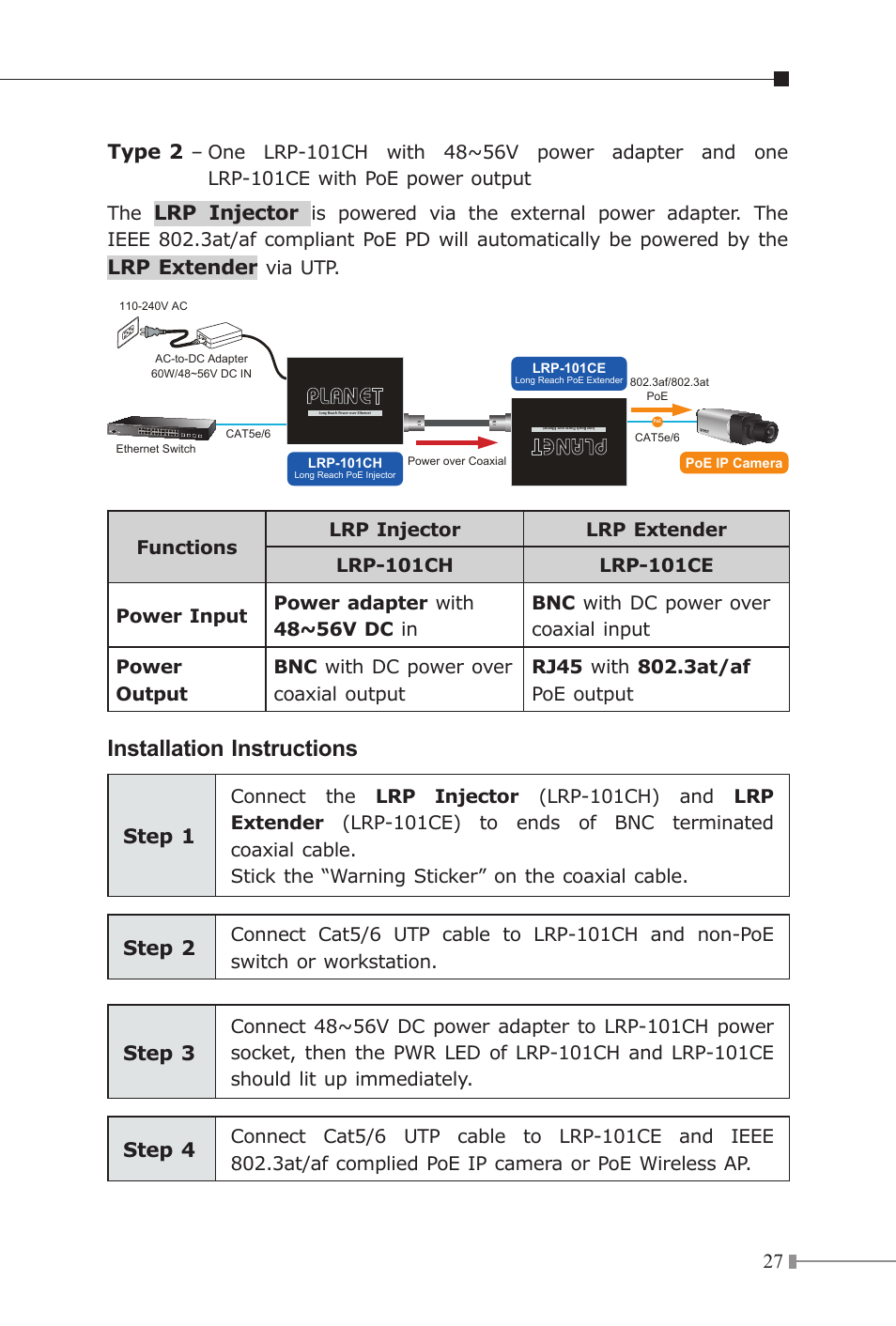 Installation instructions, 27 type 2, Lrp injector | Lrp extender, Step 1, Step 2, Step 3, Step 4 | PLANET LRP-101C-KIT User Manual | Page 27 / 36
