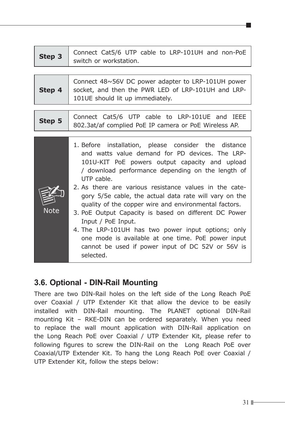 Optional - din-rail mounting | PLANET LRP-101C-KIT User Manual | Page 31 / 36