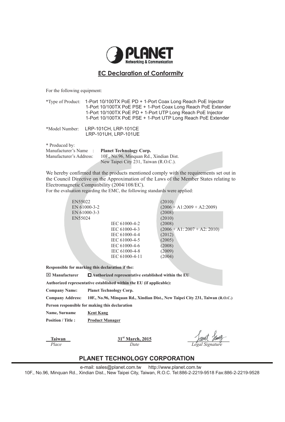 Ec declaration of conformity, Planet technology corporation | PLANET LRP-101C-KIT User Manual | Page 36 / 36