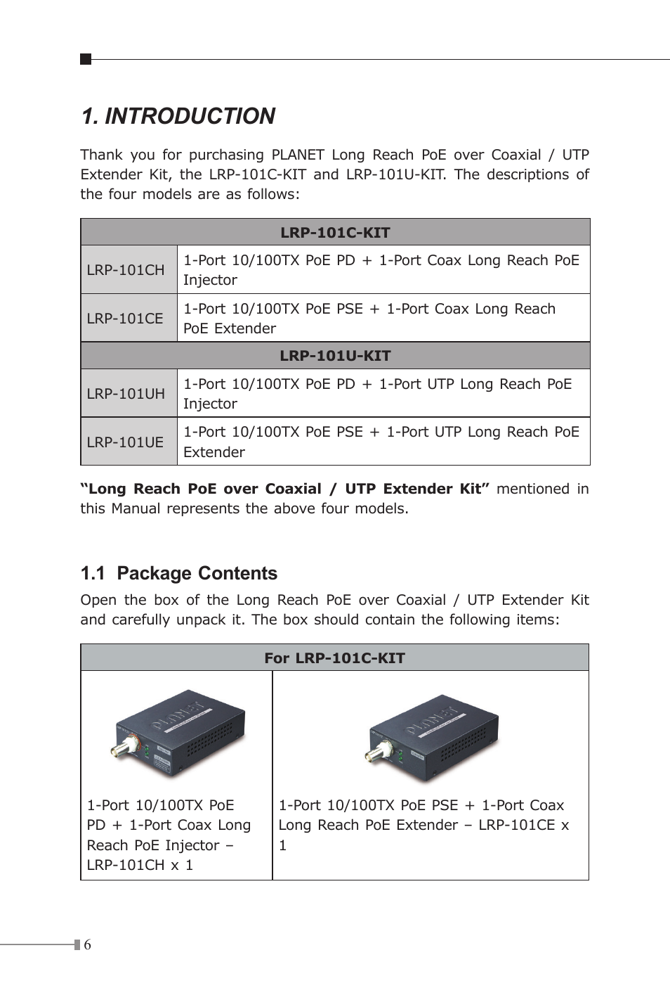 Introduction, 1 package contents | PLANET LRP-101C-KIT User Manual | Page 6 / 36