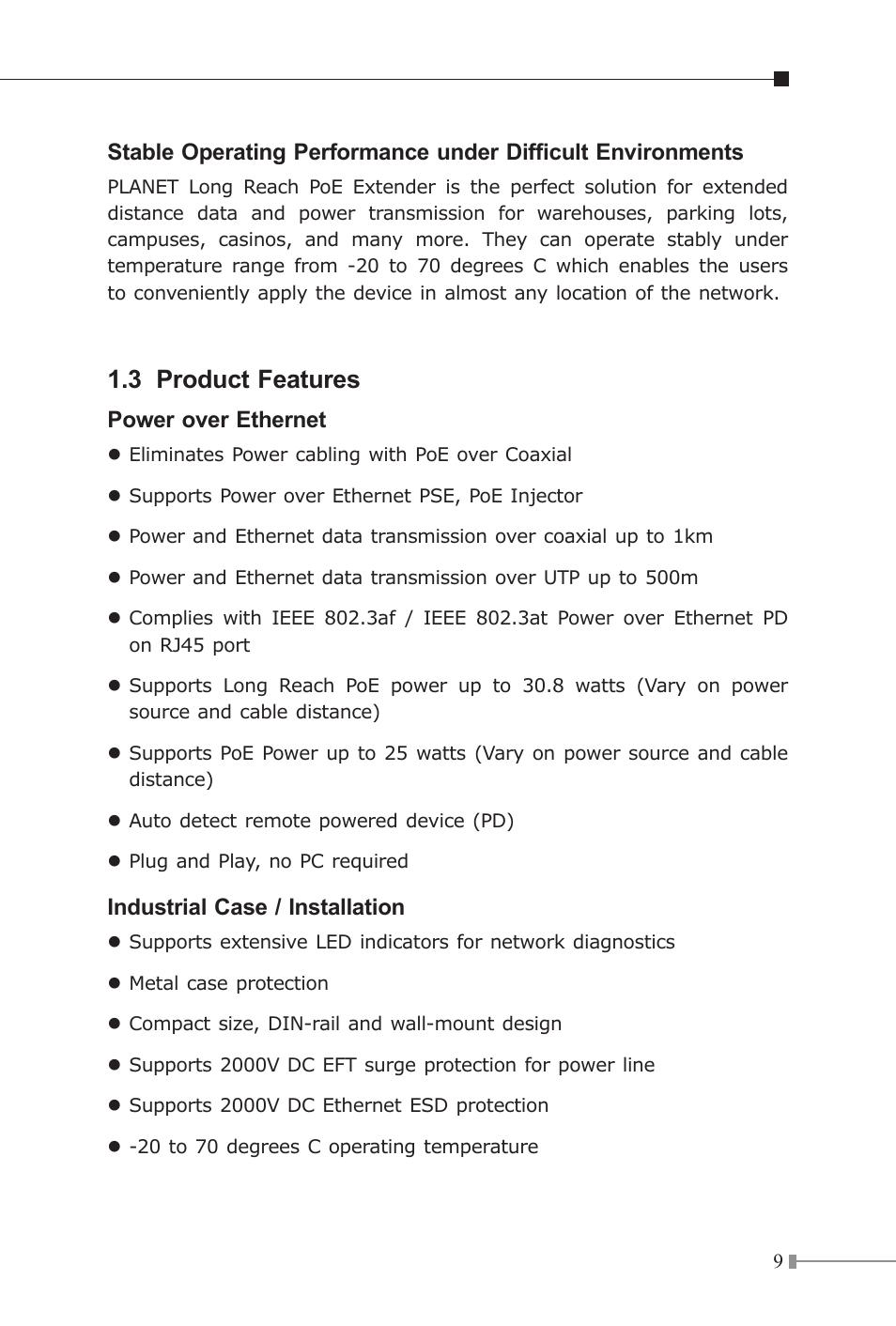 3 product features, Power over ethernet, Industrial case / installation | PLANET LRP-101C-KIT User Manual | Page 9 / 36