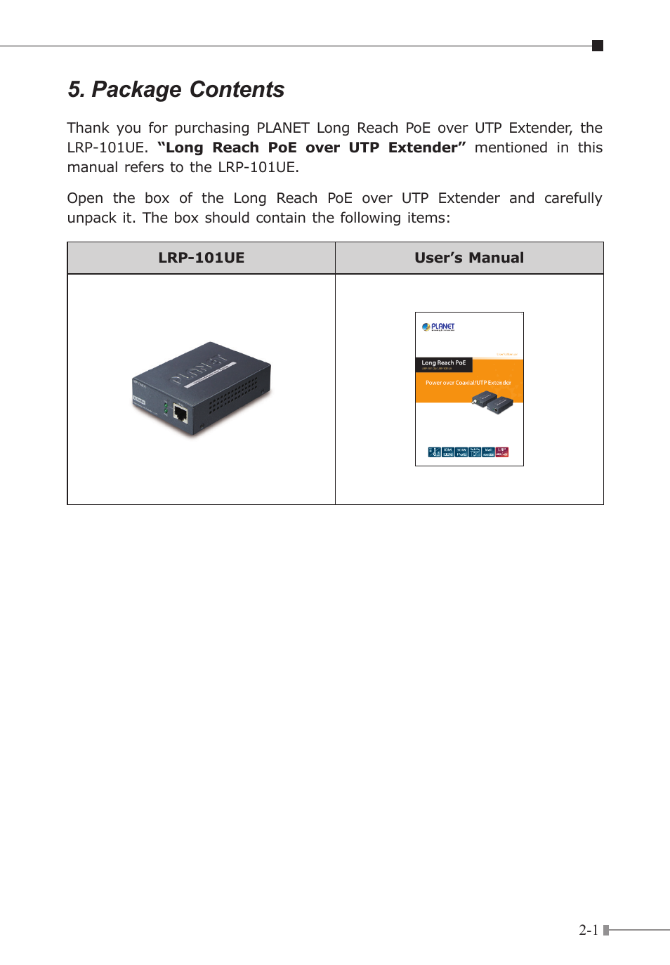 Package contents | PLANET LRP-101CE User Manual | Page 13 / 20