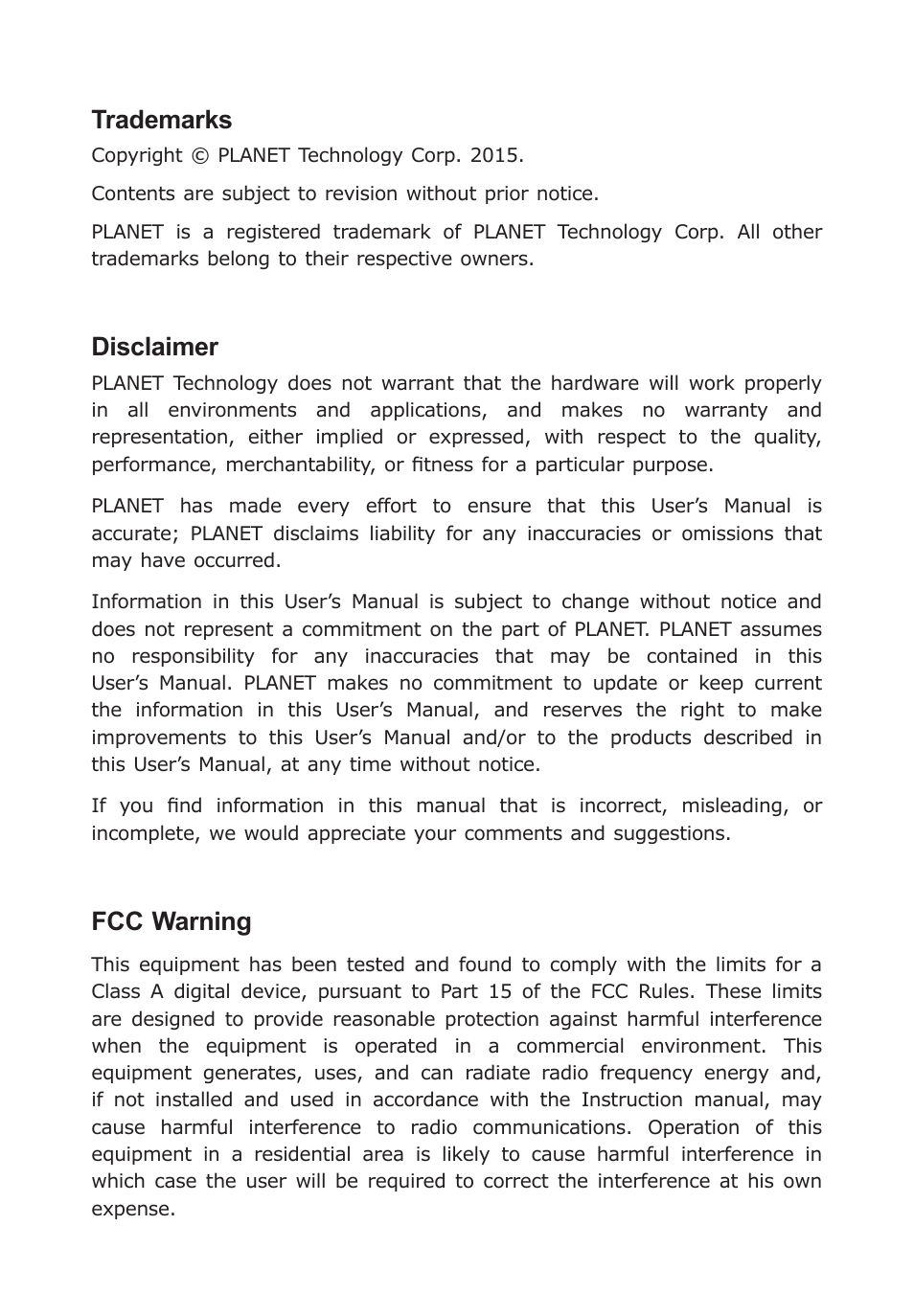 Trademarks, Disclaimer, Fcc warning | PLANET LRP-101CE User Manual | Page 2 / 20