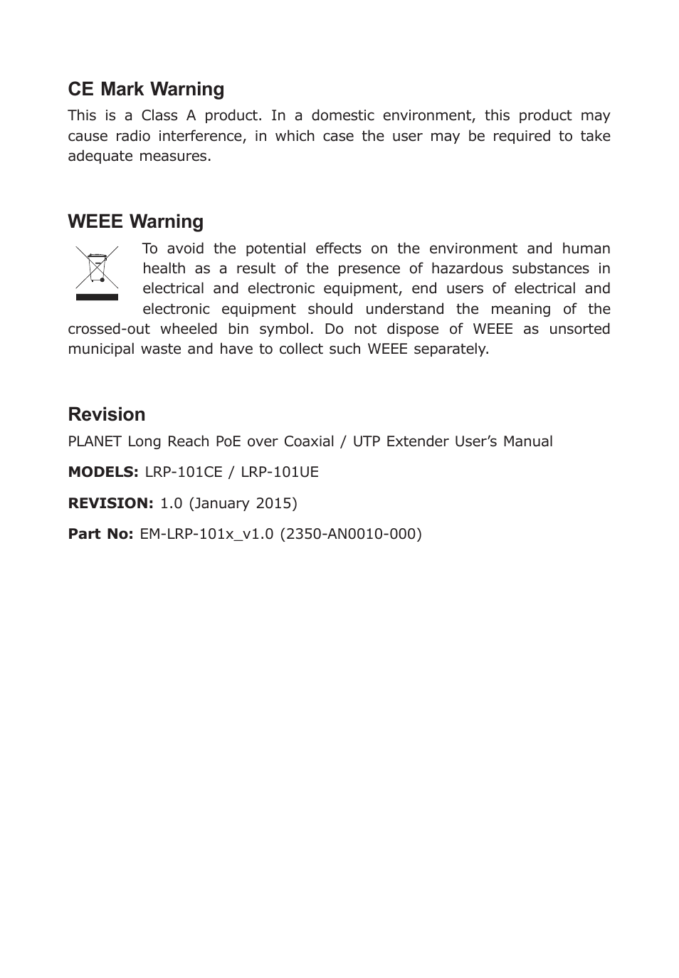 Ce mark warning, Weee warning, Revision | PLANET LRP-101CE User Manual | Page 3 / 20