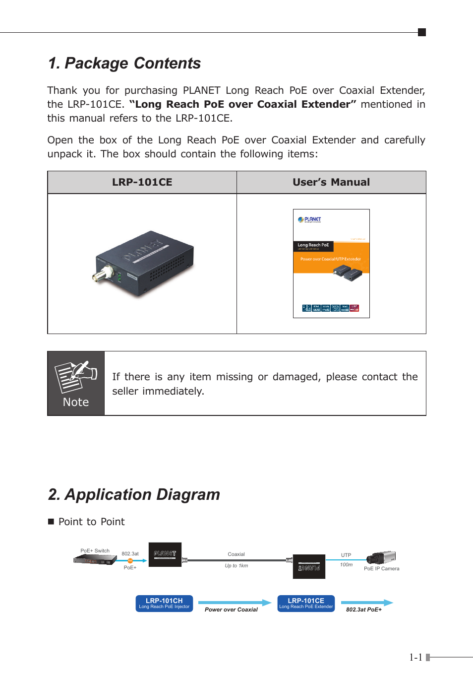 Package contents, Application diagram, Point to point | PLANET LRP-101CE User Manual | Page 5 / 20