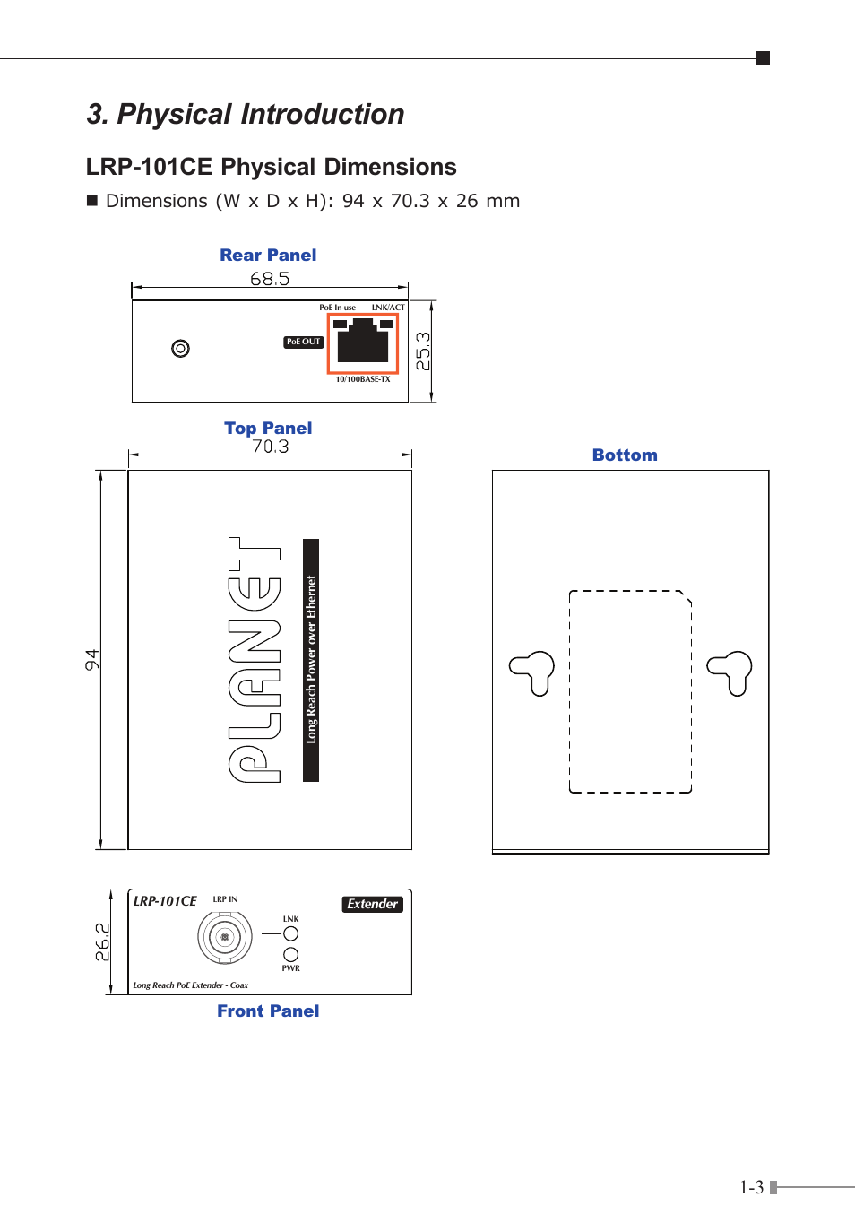 Physical introduction, Lrp-101ce physical dimensions, Rear panel top panel bottom front panel | PLANET LRP-101CE User Manual | Page 7 / 20