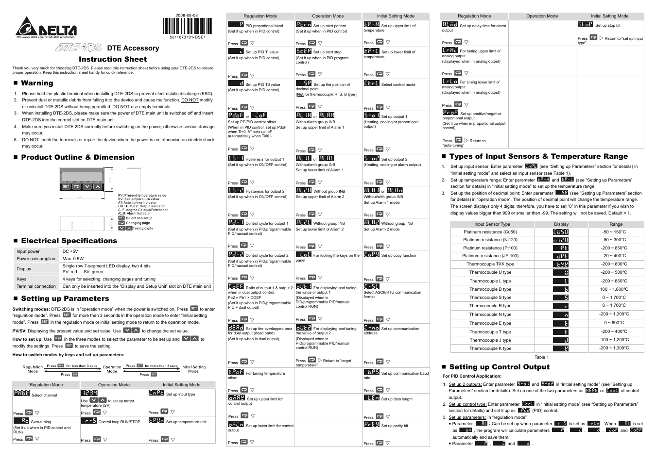 Delta Electronics DTE Accessory DTE-2DS User Manual | 2 pages
