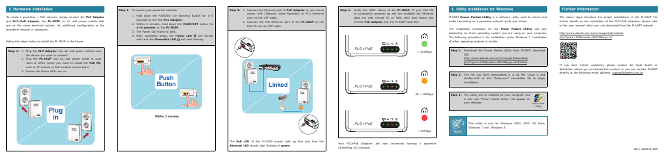 Plug in, Push button, Linked | Hardware installation, Utility installation for windows, Further information, Plc + poe | PLANET PL-502P User Manual | Page 2 / 2