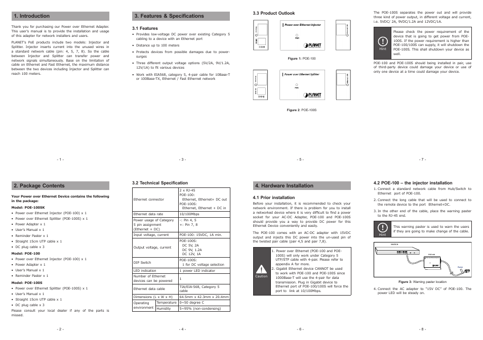 PLANET POE-100SK User Manual | 2 pages