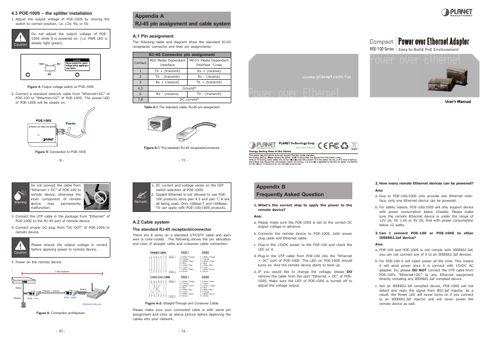 Appendix a rj-45 pin assignment and cable system, Appendix b frequently asked question | PLANET POE-100SK User Manual | Page 2 / 2