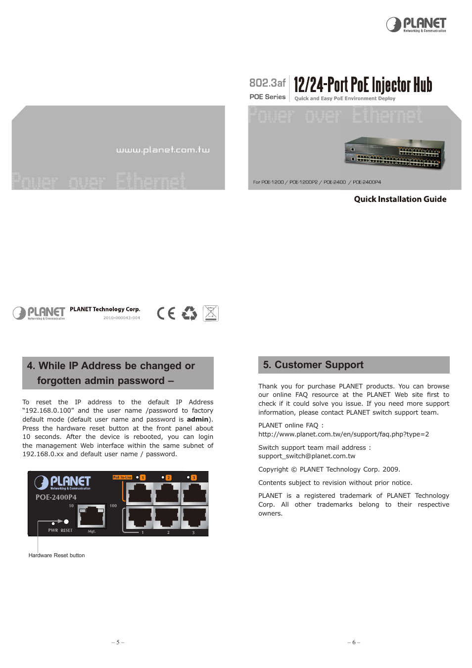 Customer support | PLANET POE-1200 User Manual | Page 2 / 2