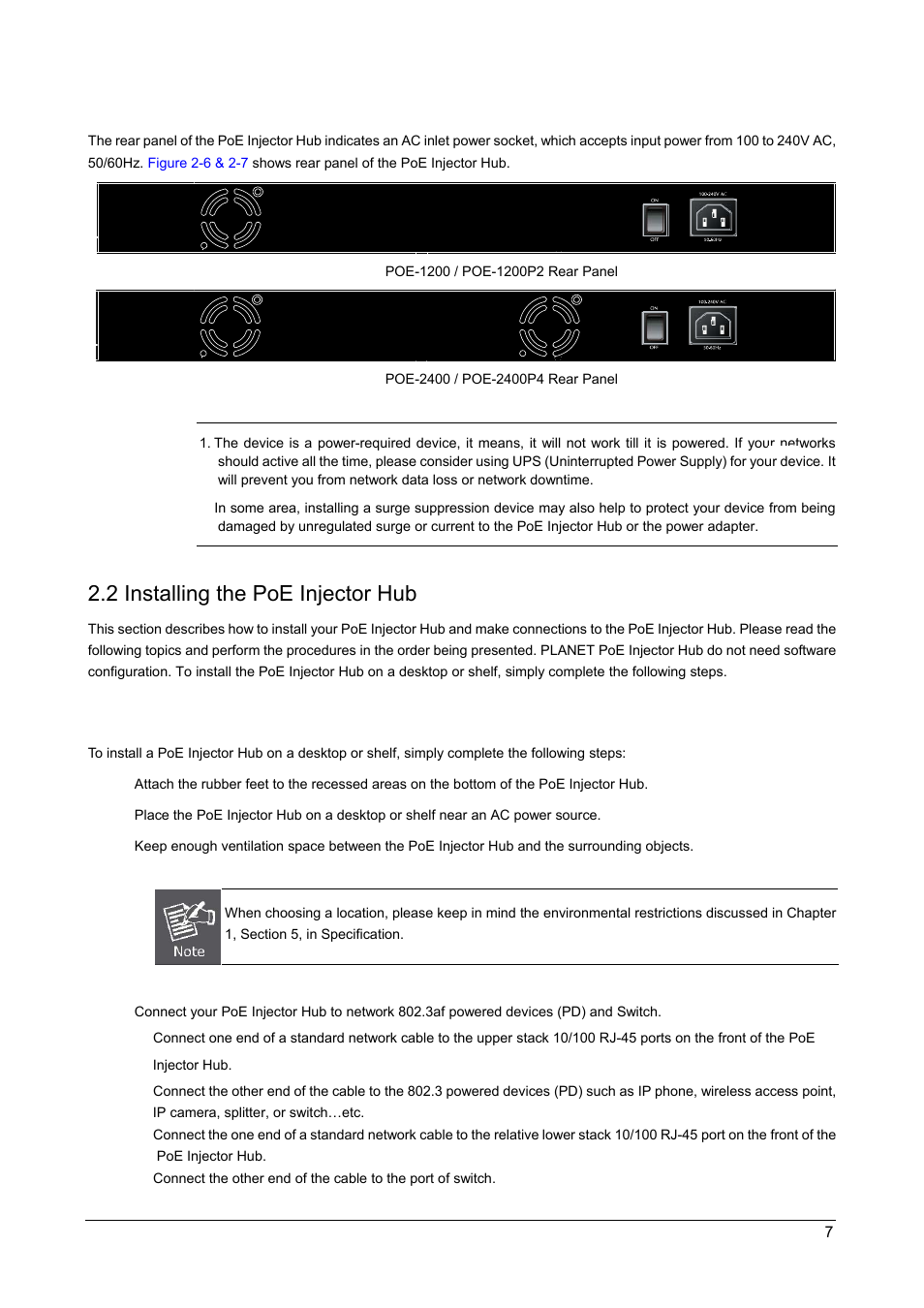 3 injector rear panel, 2 installing the poe injector hub, 1 desktop installation | Nstalling the, Njector | PLANET POE-1200 User Manual | Page 10 / 45