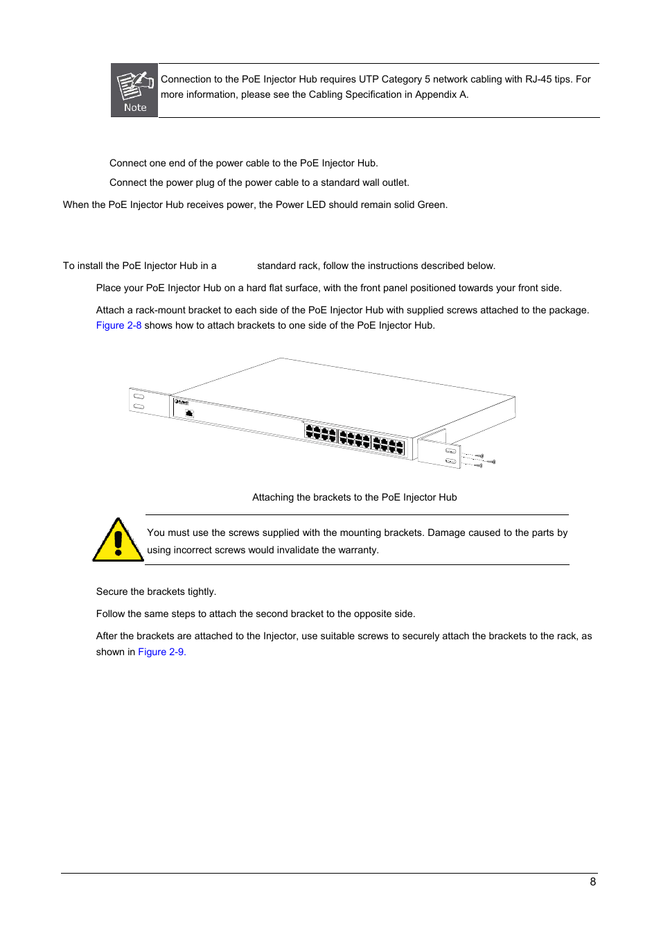 Step5: supply power to the poe injector hub, 2 rack mounting | PLANET POE-1200 User Manual | Page 11 / 45