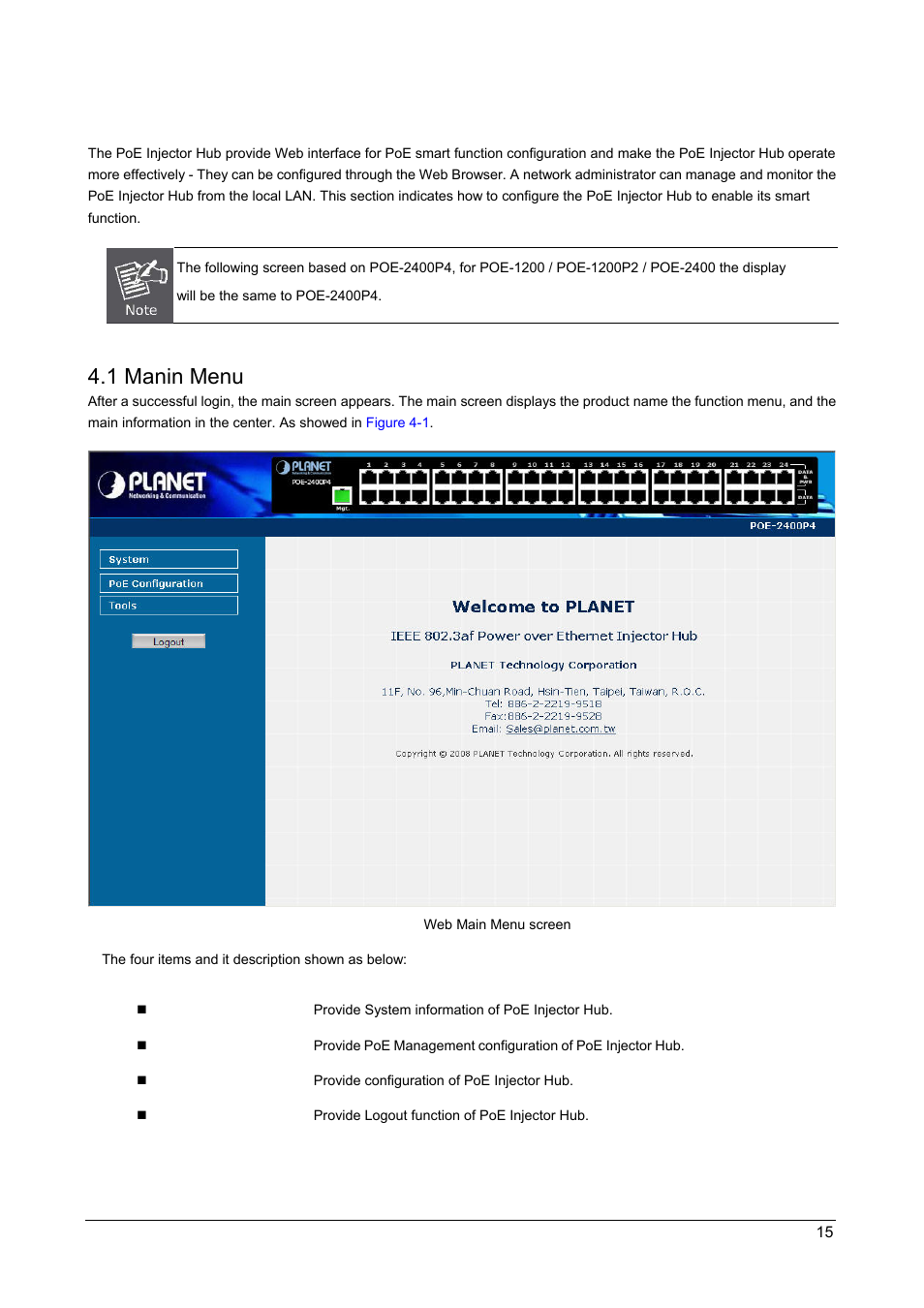 4 web configuration, 1 manin menu, Anin | PLANET POE-1200 User Manual | Page 18 / 45