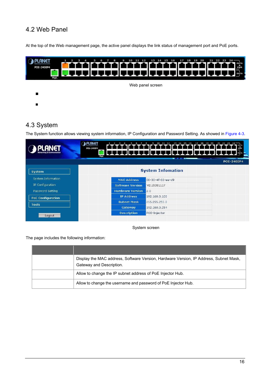 2 web panel, 3 system, Anel | Ystem | PLANET POE-1200 User Manual | Page 19 / 45