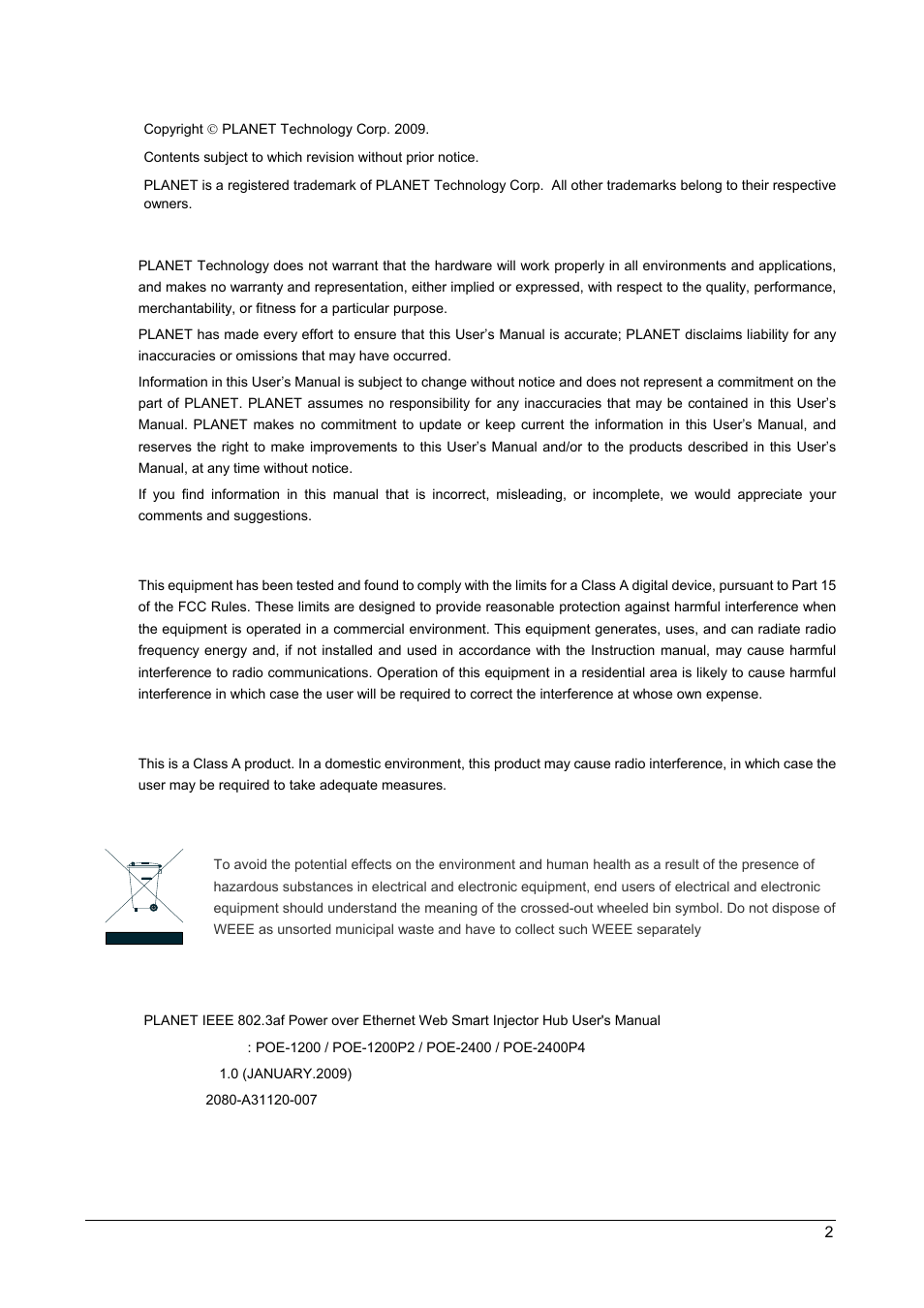 Trademarks, Disclaimer, Weee warning | PLANET POE-1200 User Manual | Page 2 / 45