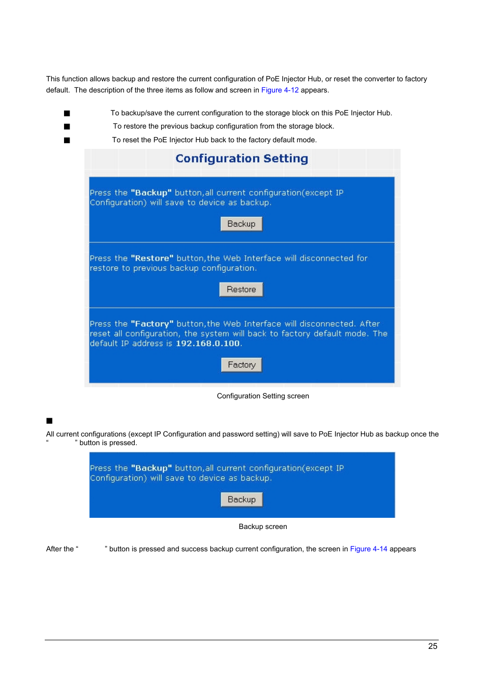 2 configuration setting, Backup | PLANET POE-1200 User Manual | Page 28 / 45
