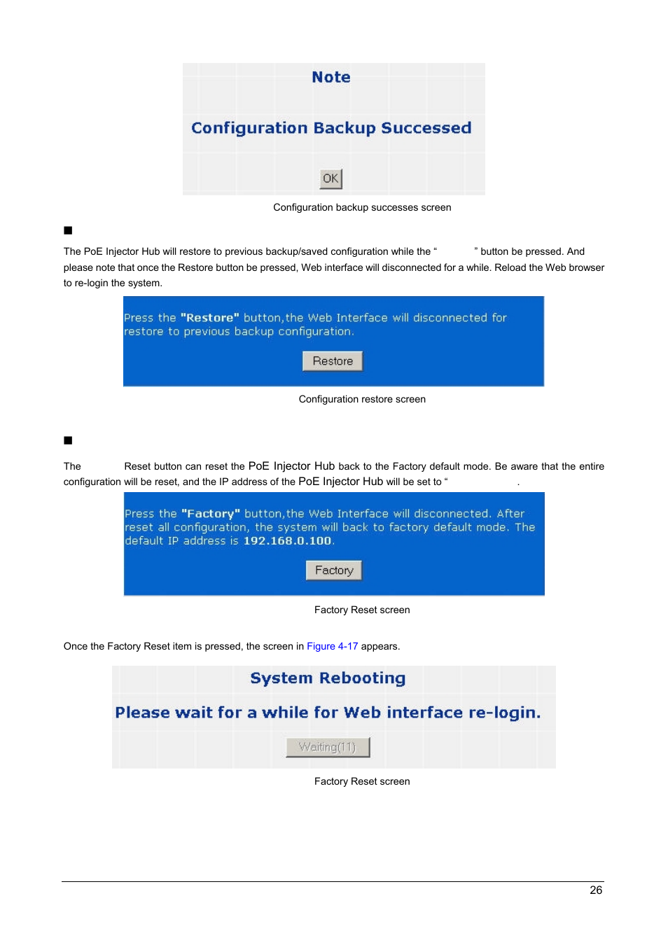 Restore, Factory reset | PLANET POE-1200 User Manual | Page 29 / 45