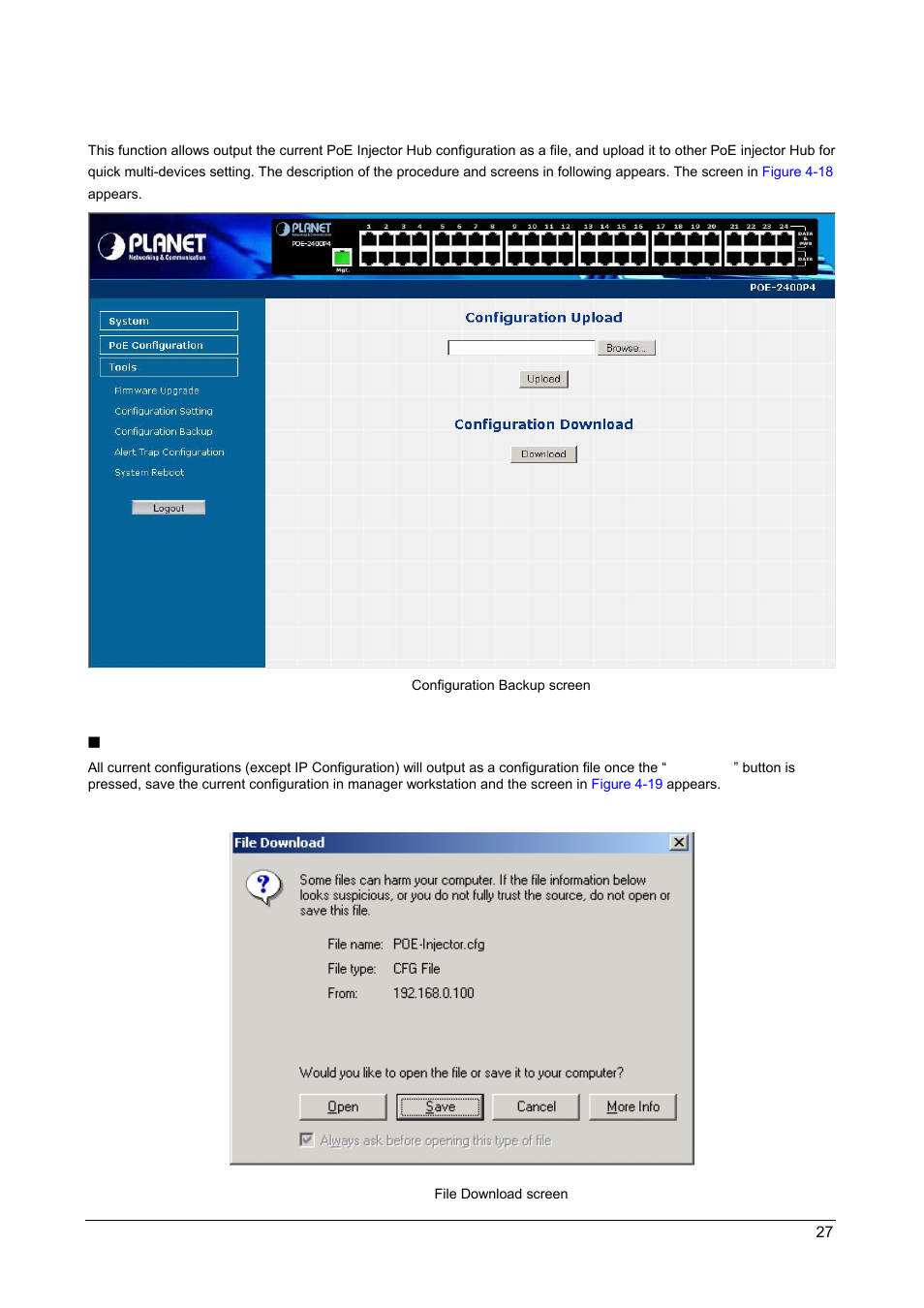 3 configuration backup, Configuration download | PLANET POE-1200 User Manual | Page 30 / 45