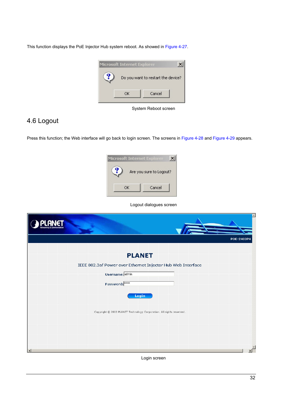 5 system reboot, 6 logout, Ogout | PLANET POE-1200 User Manual | Page 35 / 45