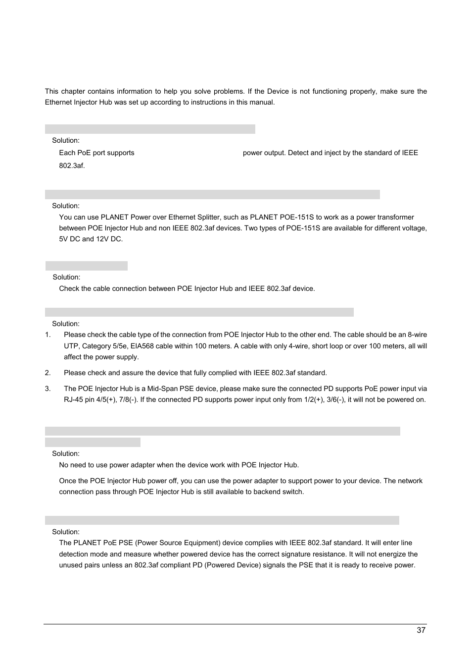 7 troubleshooting | PLANET POE-1200 User Manual | Page 40 / 45