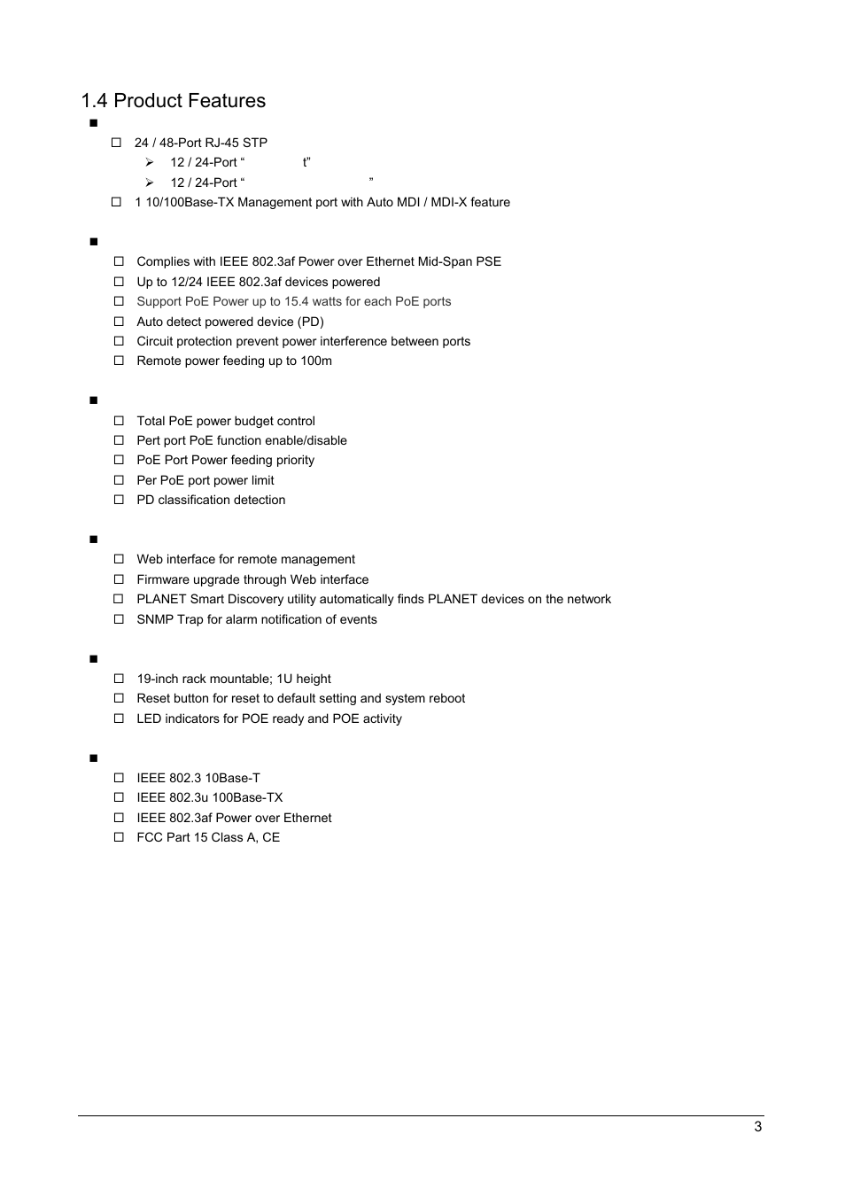 4 product features, Roduct, Eatures | PLANET POE-1200 User Manual | Page 6 / 45