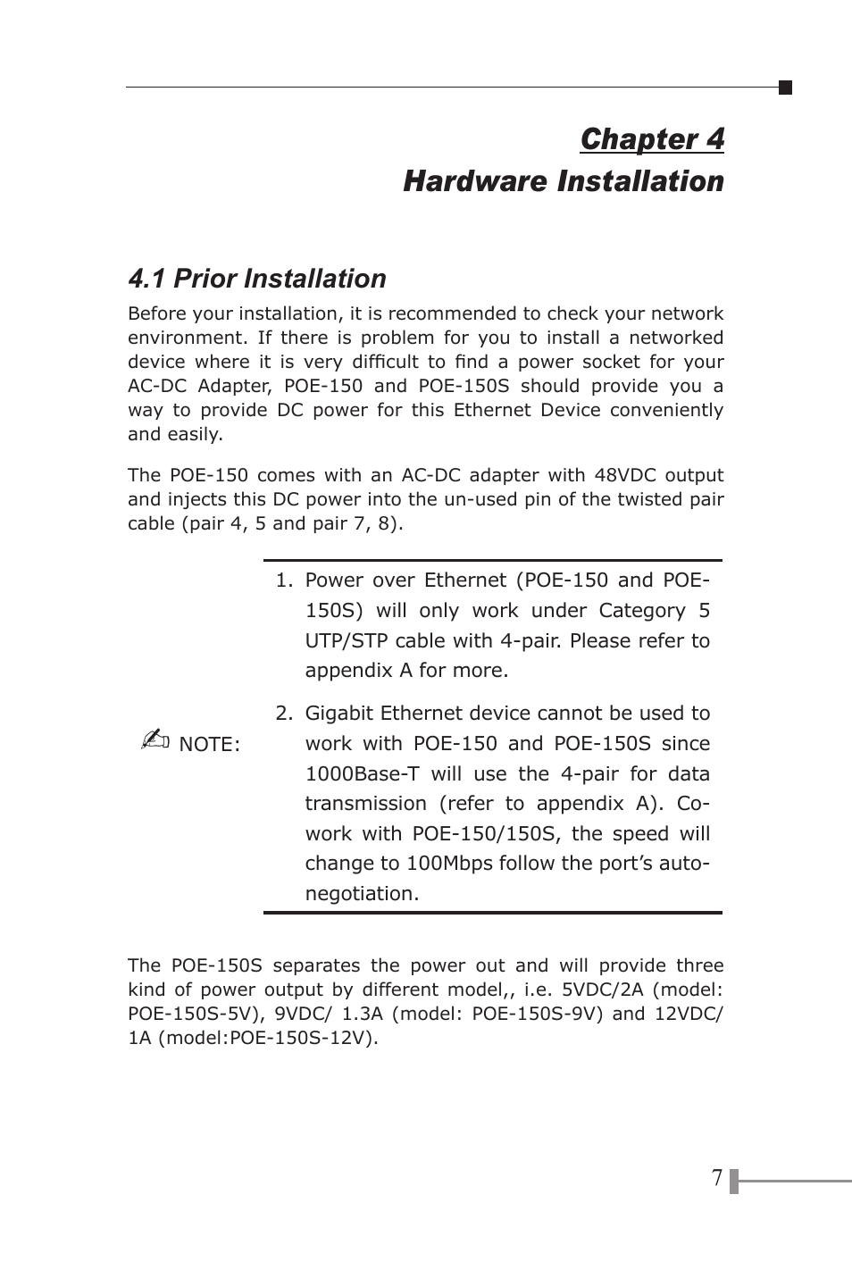 Chapter 4 hardware installation, 1 prior installation | PLANET POE-150 User Manual | Page 11 / 22