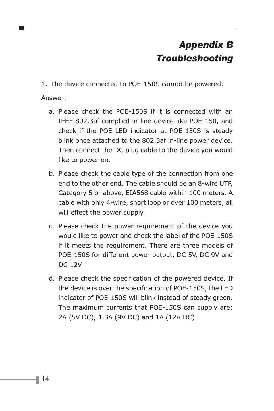 Appendix b troubleshooting | PLANET POE-150 User Manual | Page 18 / 22