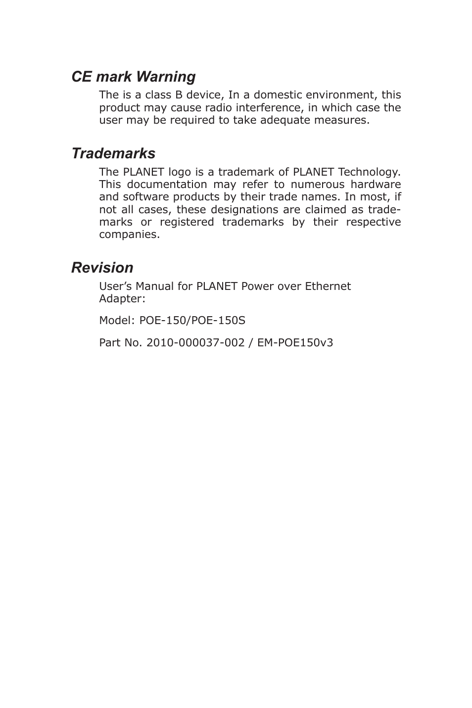 Ce mark warning, Trademarks, Revision | PLANET POE-150 User Manual | Page 2 / 22