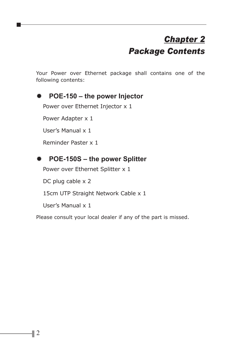 Chapter 2 package contents | PLANET POE-150 User Manual | Page 6 / 22