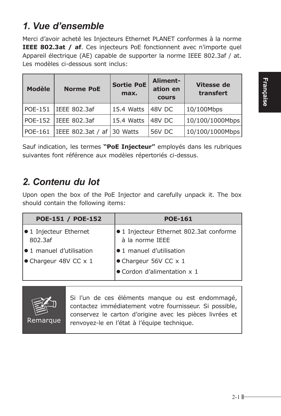 Vue d’ensemble, Contenu du lot | PLANET POE-151 User Manual | Page 11 / 52