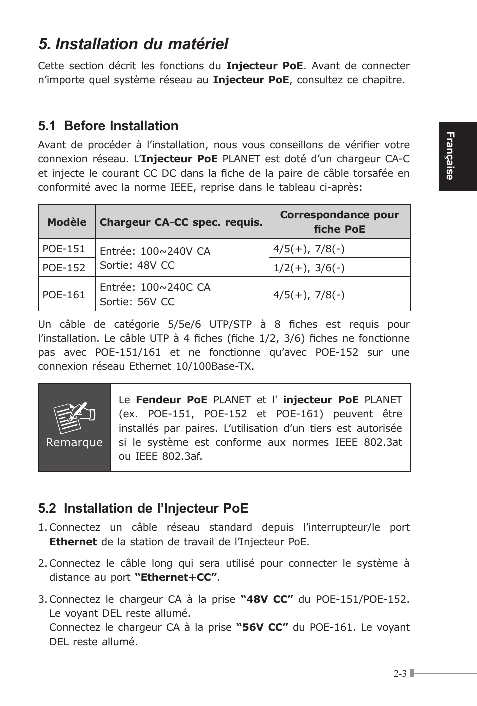 Installation du matériel, 1 before installation, 2 installation de l’injecteur poe | PLANET POE-151 User Manual | Page 13 / 52