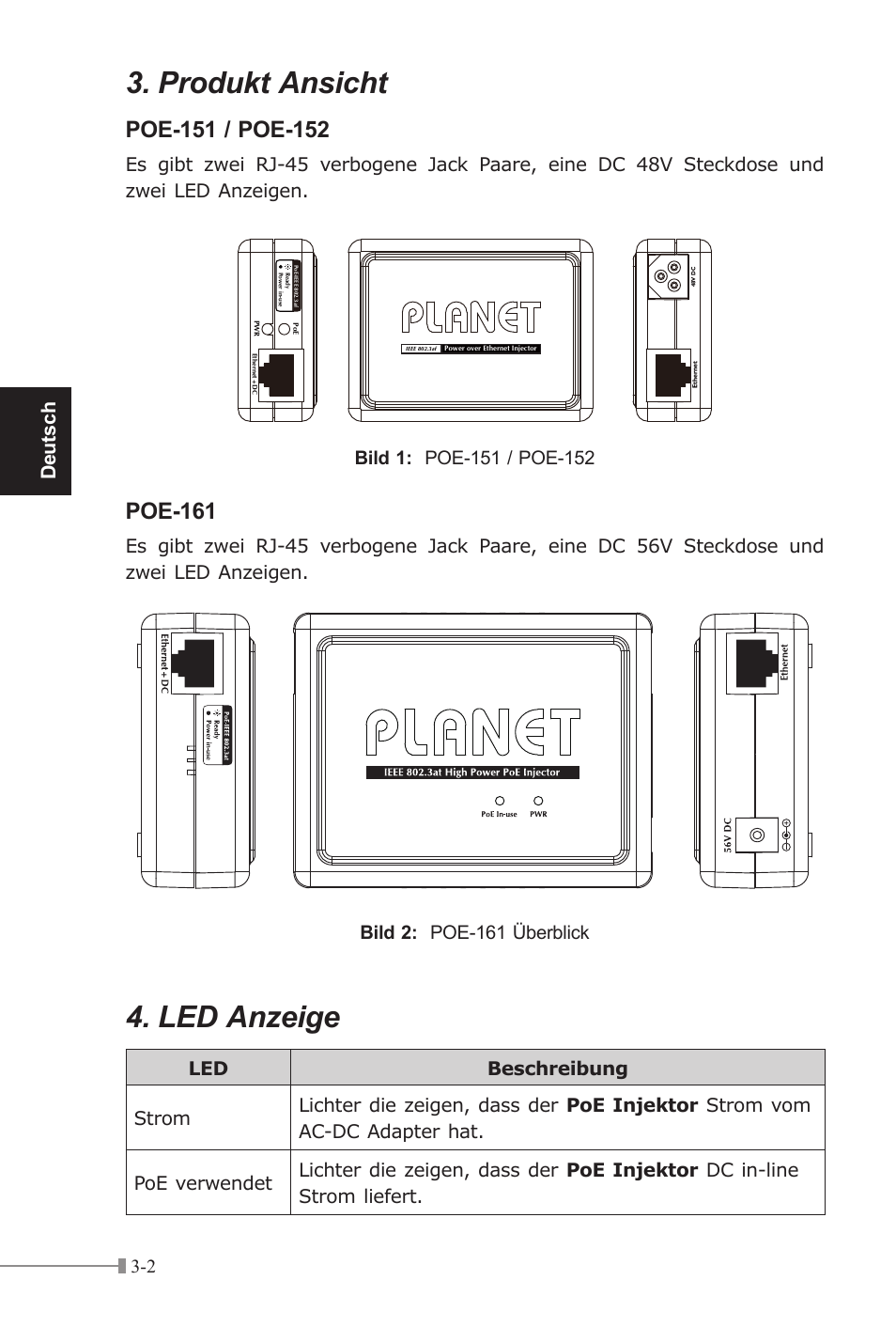 Produkt ansicht, Led anzeige, Poe-161 | Deutsch | PLANET POE-151 User Manual | Page 18 / 52