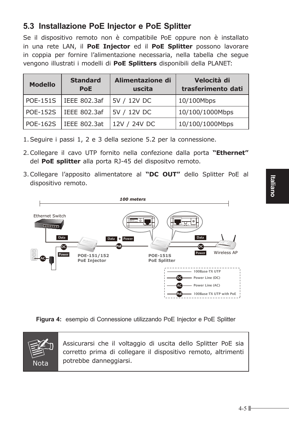 3 installazione poe injector e poe splitter, Nota, Italiano | PLANET POE-151 User Manual | Page 27 / 52