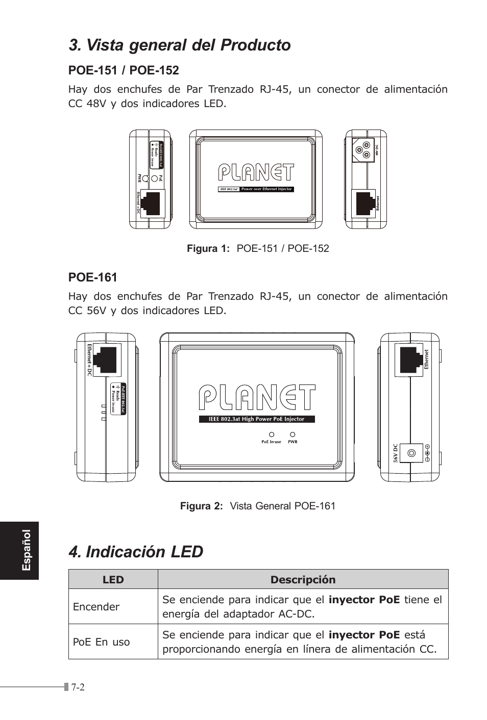 Vista general del producto, Indicación led, Poe-161 | Español | PLANET POE-151 User Manual | Page 44 / 52