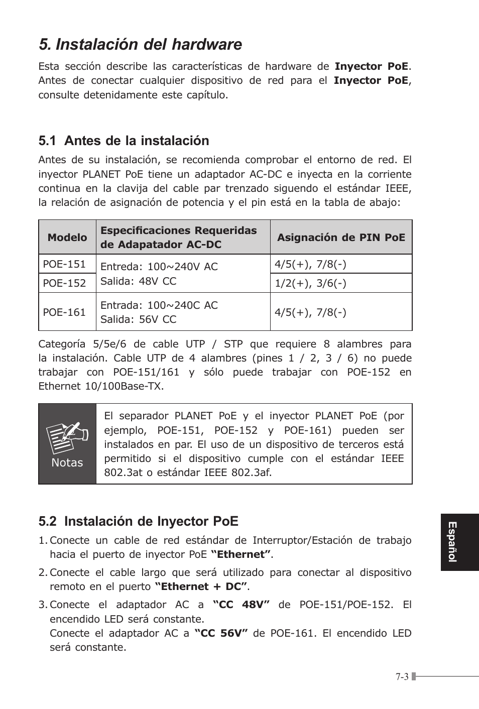 Instalación del hardware, 1 antes de la instalación, 2 instalación de inyector poe | PLANET POE-151 User Manual | Page 45 / 52