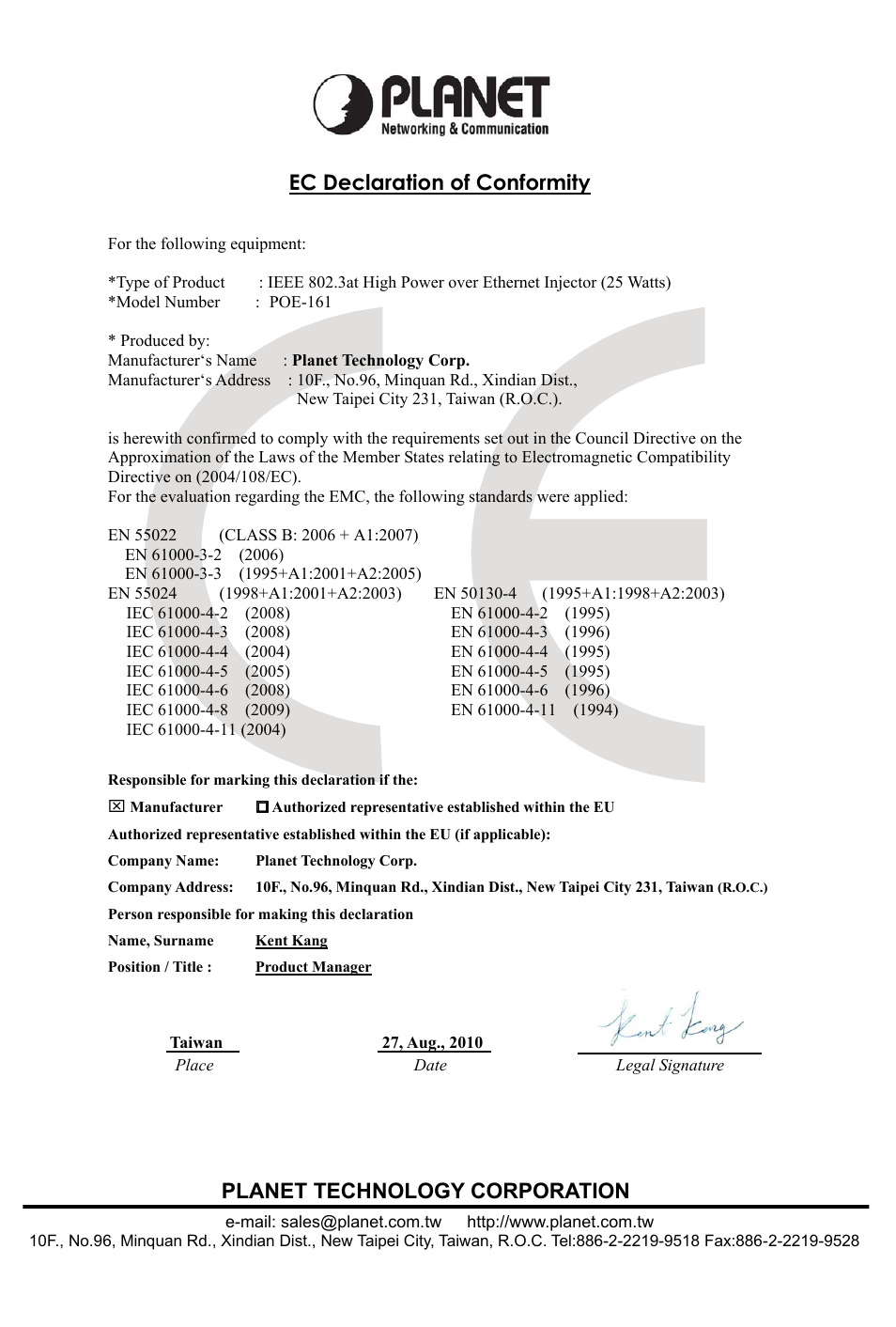 Ec declaration of conformity, Planet technology corporation | PLANET POE-151 User Manual | Page 51 / 52