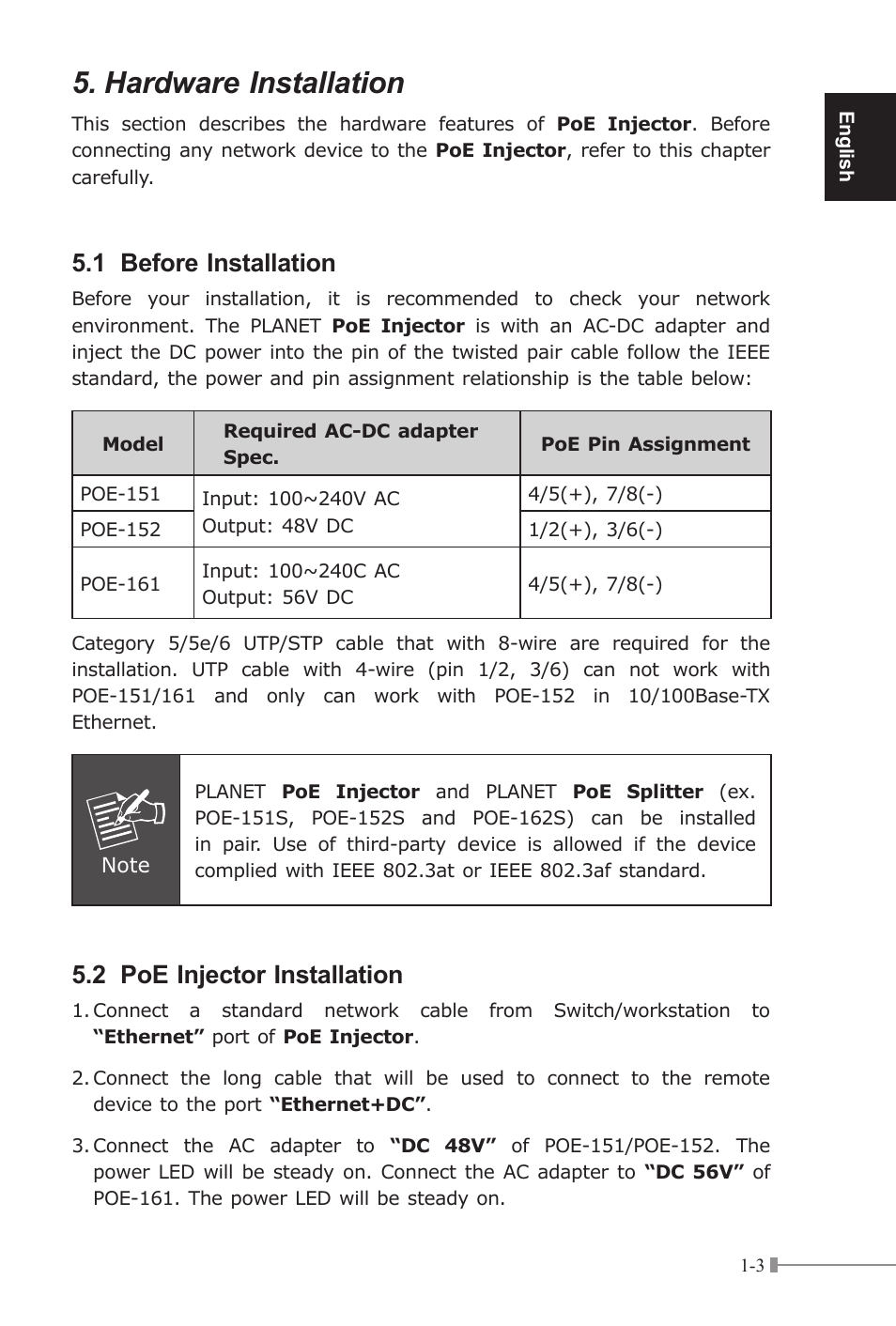 Hardware installation, 1 before installation, 2 poe injector installation | PLANET POE-151 User Manual | Page 7 / 52