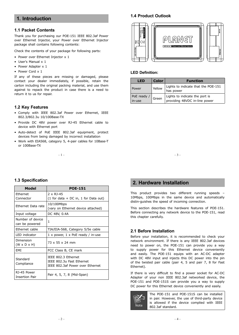 PLANET POE-151 User Manual | 2 pages