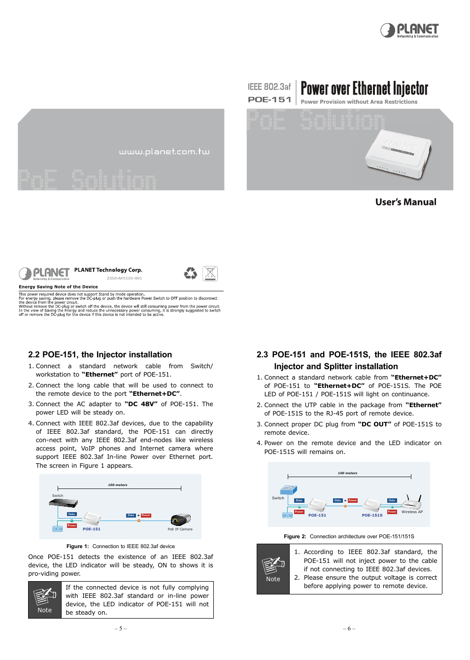 2 poe-151, the injector installation | PLANET POE-151 User Manual | Page 2 / 2