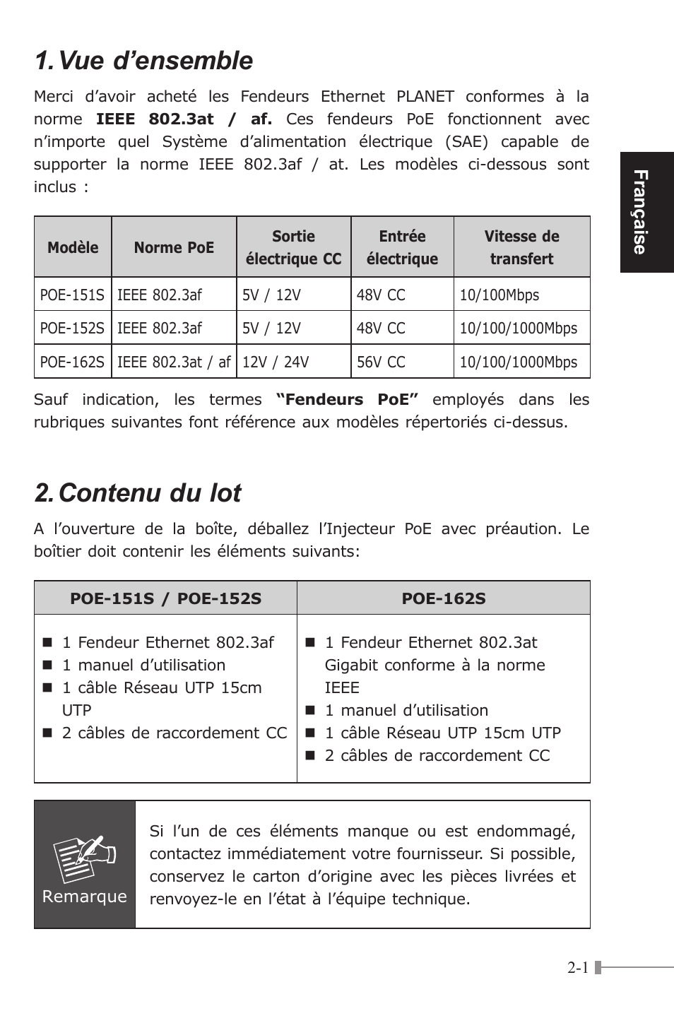 Vue d’ensemble, Contenu du lot, Française | PLANET POE-151S User Manual | Page 13 / 60