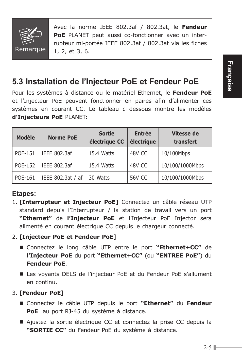 3 installation de l’injecteur poe et fendeur poe, Française, Etapes | PLANET POE-151S User Manual | Page 17 / 60