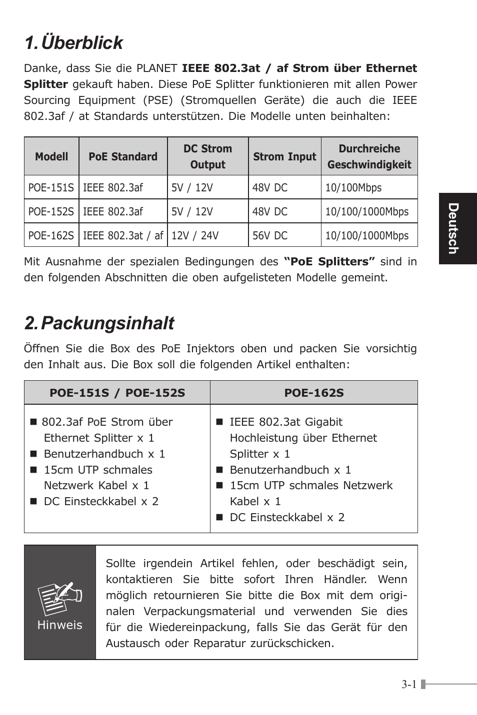 Überblick, Packungsinhalt, Deutsch | PLANET POE-151S User Manual | Page 21 / 60