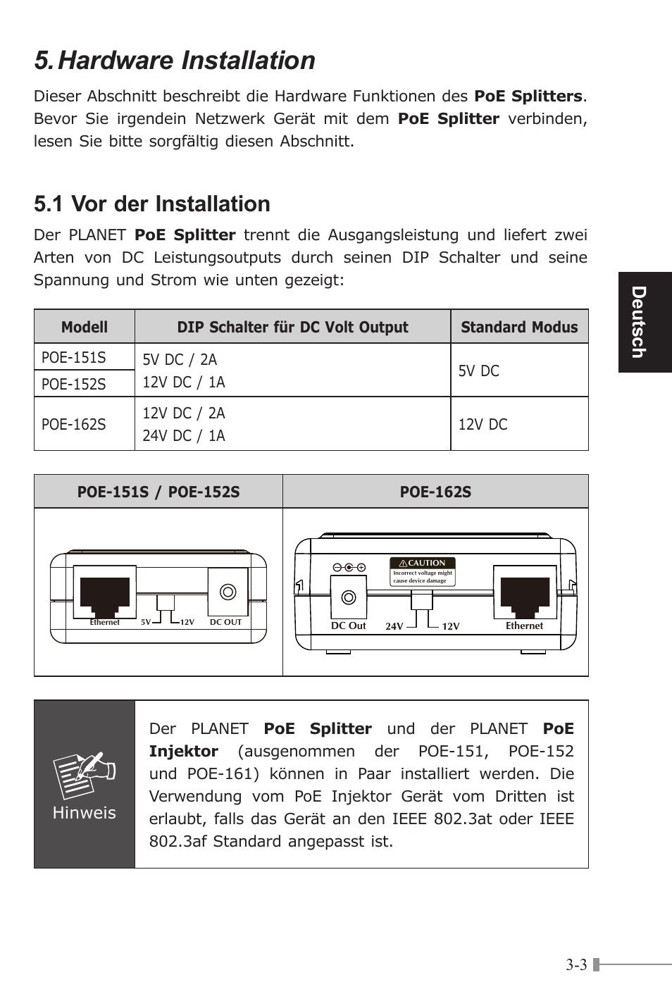 Hardware installation, 1 vor der installation, Deutsch | Hinweis | PLANET POE-151S User Manual | Page 23 / 60