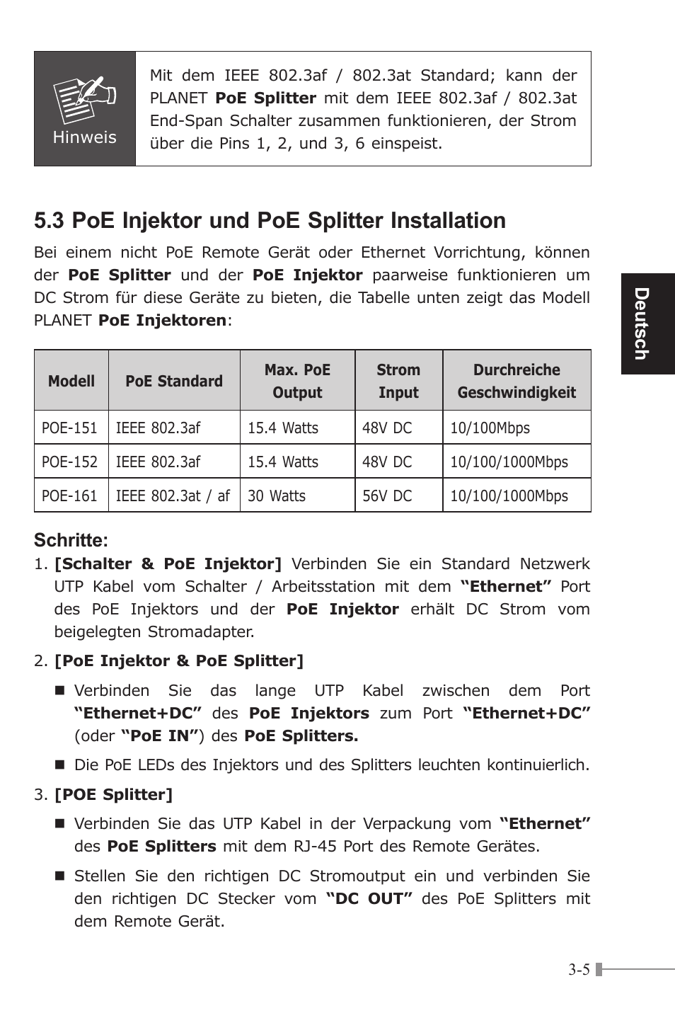 3 poe injektor und poe splitter installation, Deutsch, Schritte | PLANET POE-151S User Manual | Page 25 / 60