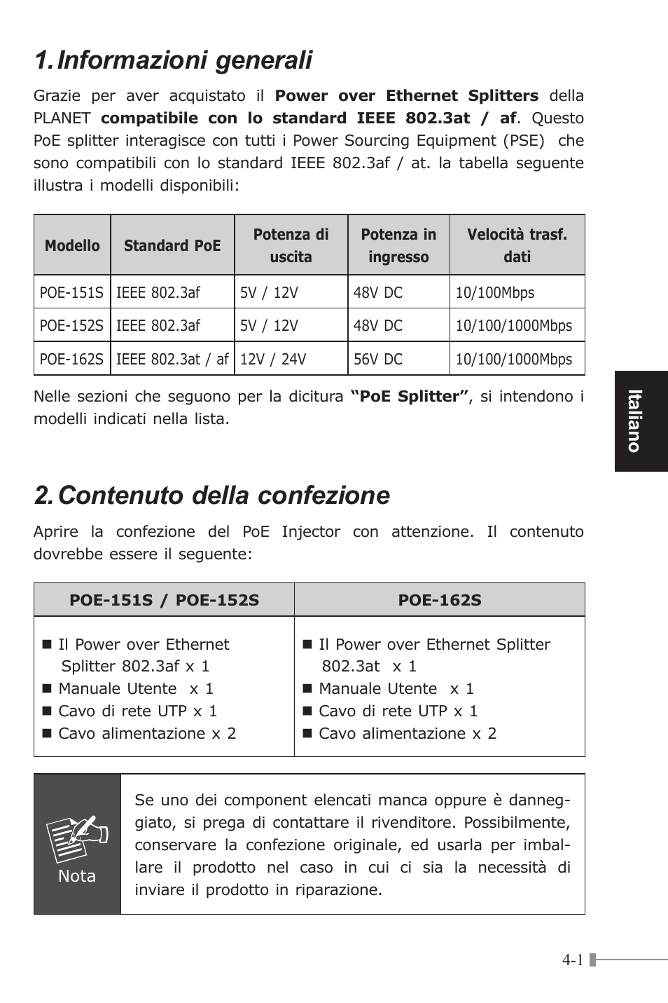 Informazioni generali, Contenuto della confezione, Italiano | PLANET POE-151S User Manual | Page 29 / 60