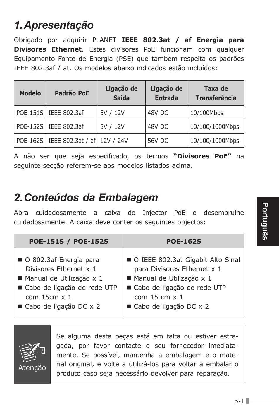Apresentação, Conteúdos da embalagem, Português | PLANET POE-151S User Manual | Page 37 / 60