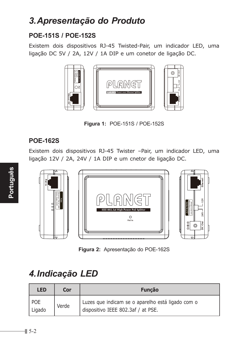 Apresentação do produto, Indicação led, Português | Poe-162s, Figura 2: apresentação do poe-162s | PLANET POE-151S User Manual | Page 38 / 60